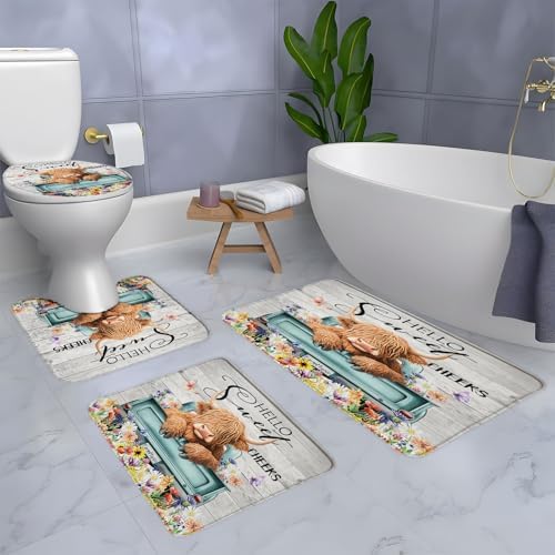 4 Piece Bathroom Rugs Set Farmhouse Highland Cow Bath Mat Western