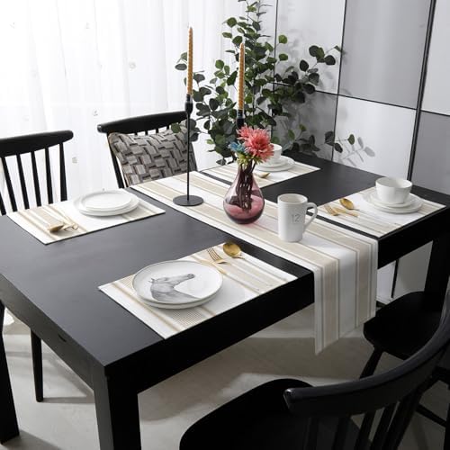 Brown Stripes Table Runner and Placemats Set of 4 Leaf Vertical