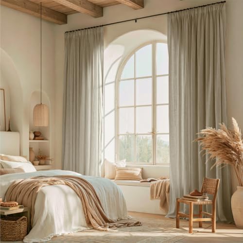Pinch Pleated Semi Sheer Linen Curtains 108 Inches Long, Light Grey