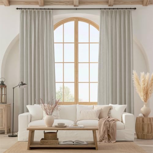 Pinch Pleated Semi Sheer Linen Curtains 108 Inches Long, Light Grey