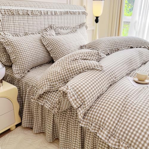mixinni Tan Gingham Ruffle Duvet Cover Twin Size 3 Pieces – 100%