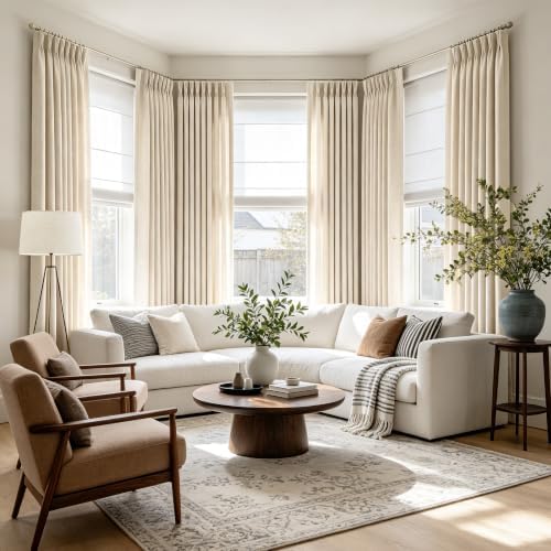 Beige Pinch Pleated Linen Curtains 120 inch Length 2 Panels for Living