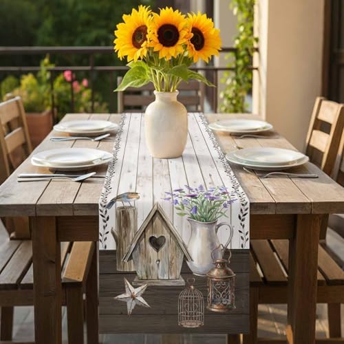 Floral Vases Table Runner 120 inches Long Vintage Birds Cages