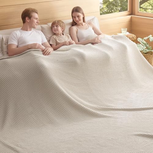 Bedsure Lightweight 100% Cotton Waffle Blanket, Oversized King, Linen