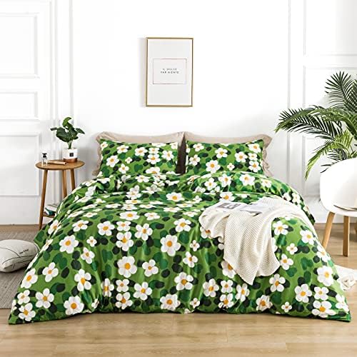 YuHeGuoJi Green Watercolor Floral Duvet Cover Queen 100% Cotton 3 Pcs
