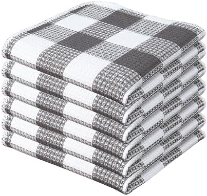 Waffle Weave Plaid Dish Cloth, Dish Cloth 12x12"S/6 - Steel Gray &