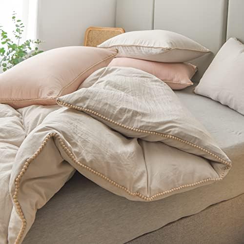 Beige Queen Bedding Set Chic Pom Pom Duvet Cover Sets Khaki Pompom