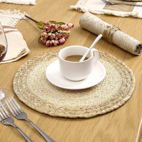 Handmade Boho Placemats Set of 6 - Natural Cotton Burlap and Water