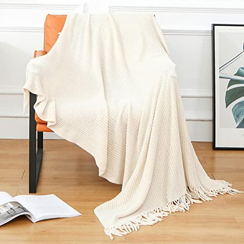 Chenille Knit Blanket with Tassel Solid Knitted Decorative Throw