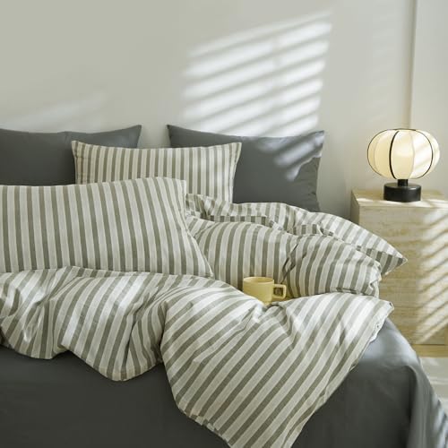 LifeTB Grey Striped Duvet Cover Set King, 100% Washed Cotton White