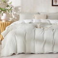 Duvet Cover Set Queen Striped Sage Green, 100% Washed Cotton Jacquard