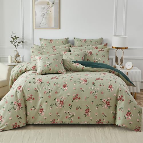 FADFAY Queen Size 100% Cotton Shabby Sage Green Floral Duvet Cover Set