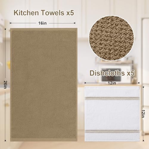 Homaxy Dual Design Kitchen Towels and Dishcloths Set, 10 Pack, Khaki