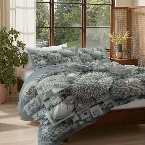 3D Modern Geometric Duvet Cover Set Queen, Gray 3 Pieces Bedding Sets