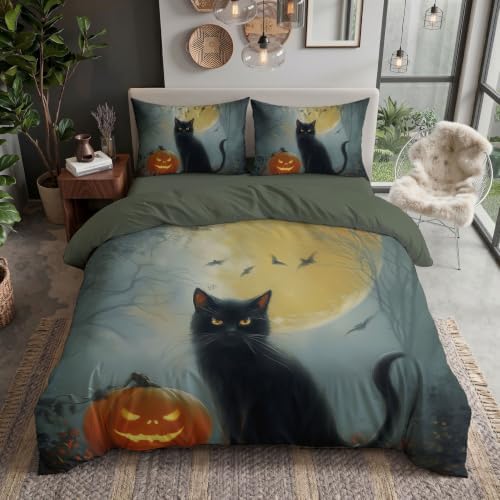 Charcoal Gray Halloween Black Cat Pumpkin Duvet Cover Set For Women
