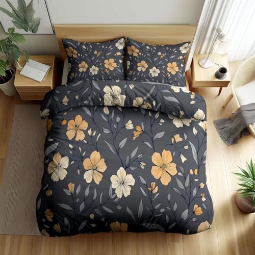 Grey Duvet Cover Set King Size, 3-Piece Reversible Bedding Set