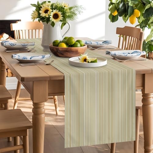 Rustic Beige Striped Table Runners 108 Inches Long, Cotton Linen
