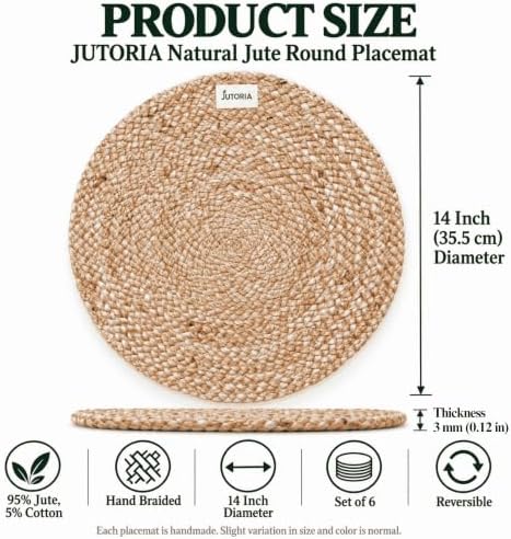 Round Woven Jute Placemats Set of 6, 14 Inch, Natural Braided