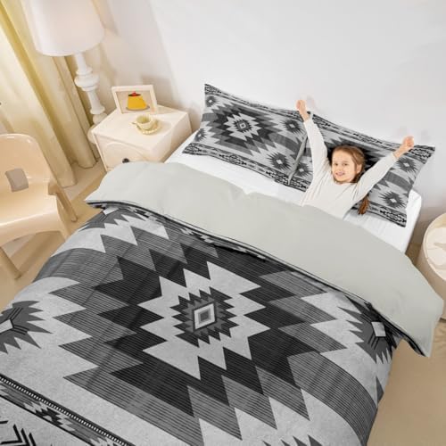 Gray Tribal Plaid Duvet Cover,Southwestern Style Ethnic Grid Bedding