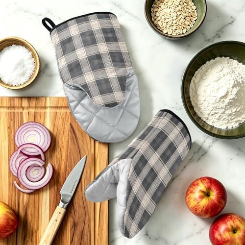 Netural Plaid Gray Non-Slip Oven Mitts Set Heat Resistant Kitchen