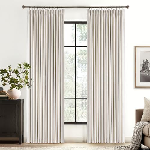 RYB HOME 100% Blackout Cream White Pinch Pleated Linen Curtains for