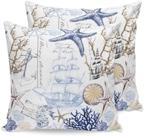 Vintage Ocean Pillow Covers 20x20 inch Set of 2 Coral Starfish Shell