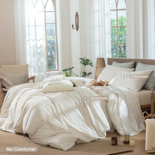 MooMee Striped Duvet Cover Set 100% Washed Cotton Linen Like King