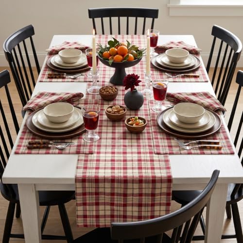 Solino Home 100% Pure Linen Table Runner Plaid, Almond Plaid