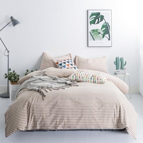 SUSYBAO Tan Gingham Duvet Cover Queen 100% Washed Cotton Beige Plaid