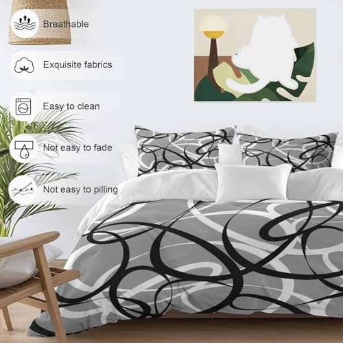Grey Geometric Duvet Cover Set Queen Size,Retro Black White Abstract