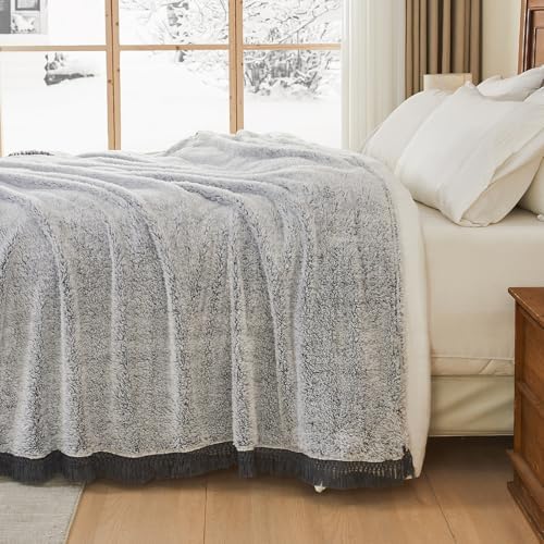 EMME Soft Sherpa Fleece Blanket with Tassel, Reversible Plush Fluffy
