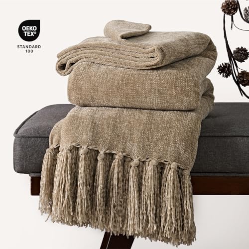 EverGrace Chenille Knit Throw Blanket for Couch, 60"x80", Beige
