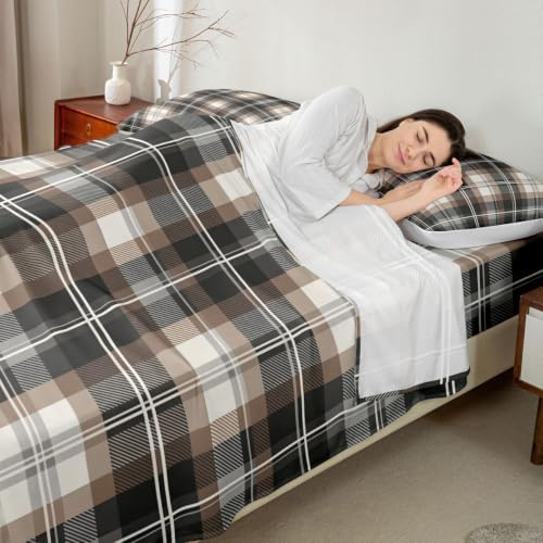 Castle Fairy Modern Plaid Sheet Set King Size,Neutral Gray Cream