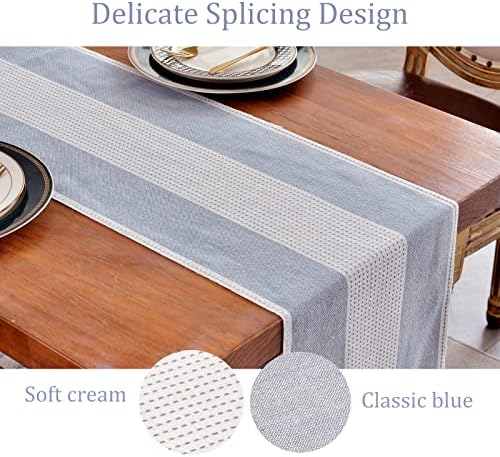 Wracra Linen Table Runner, Stripe Table Runners 48 Inches Long Blue