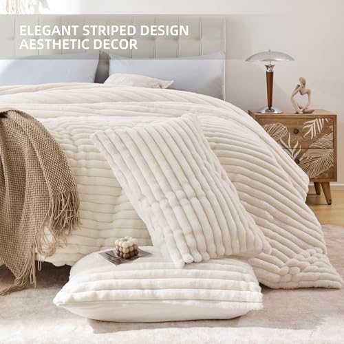 Smoofy Fluffy King Size Comforter 3 PCS - Cream White Fleece Bedding