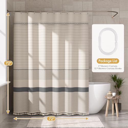 AmazerBath Boho Shower Curtain Set, Rustic Faux Linen Shower Curtain
