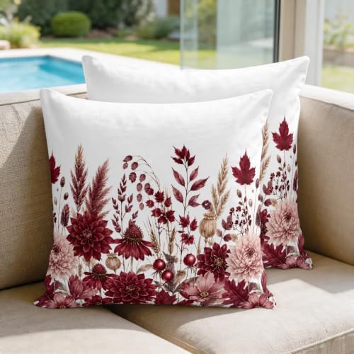 Pillow Covers 18x18 Set of 2, Dark Red Floral Square Throw Pillow