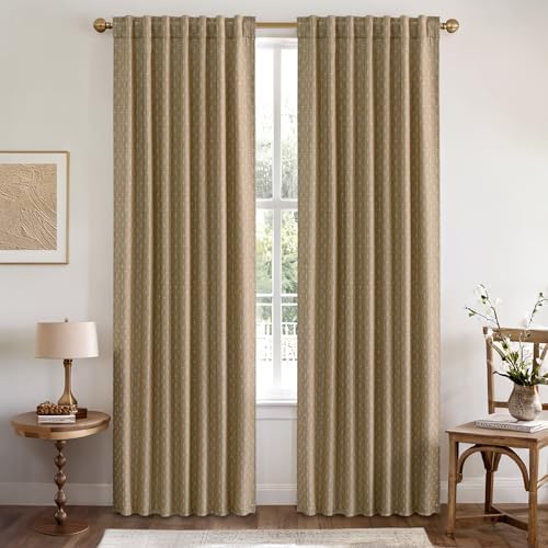 MIULEE Patterned Farmhouse Linen Curtains, Back Tab, 52Wx72L, Khaki