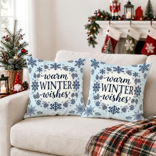 Winter Wishes Holiday Quote Snowflake Throw Pillow Covers 18x18 Set of