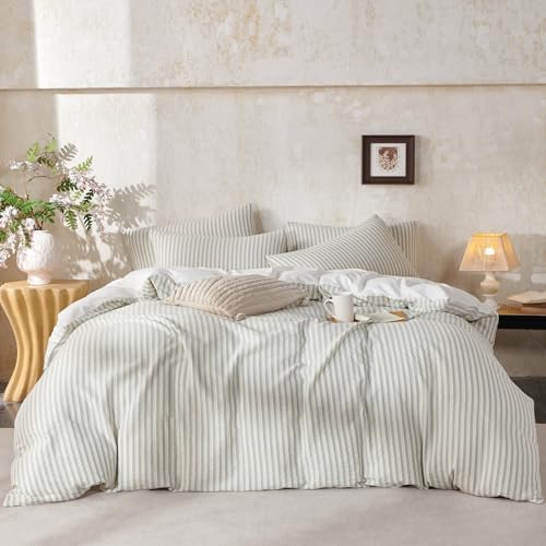 Duvet Cover Set Queen Striped Sage Green, 100% Washed Cotton Jacquard