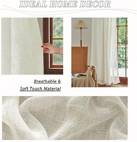 Natural Linen Bedroom Sheer Curtains 63 Inch Length 2 Panels Back Tab