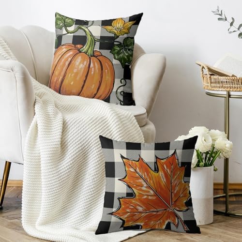 Fall Pillow Covers 22X22 Set of 2, Pumpkin Maple Leaf Burnt Orange
