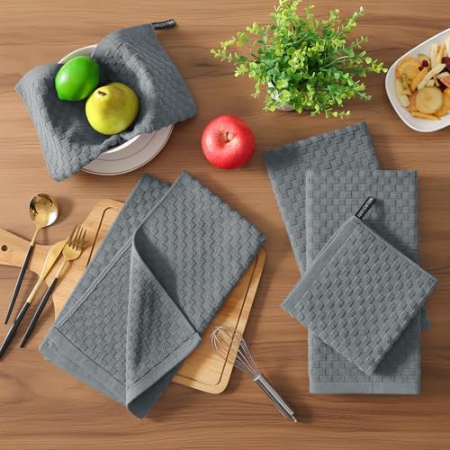 Homaxy 100% Cotton Terry Kitchen Towels(15" x 25", 4 Pack), Dark Grey