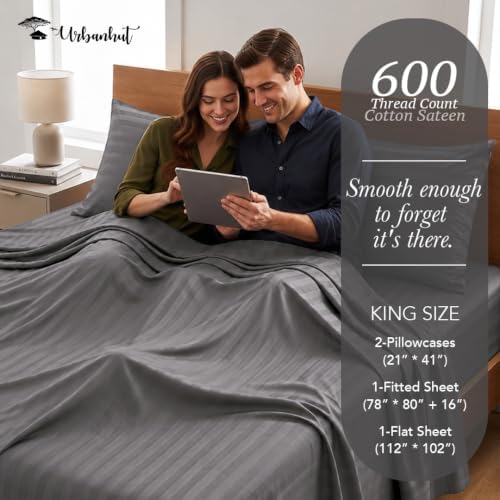 URBANHUT 100% Cotton 600 Thread Count Damask King Size Sheets - Dark