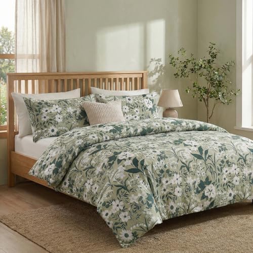 Green Floral Duvet Cover and Pillowcases Queen 100% Cotton Decorative