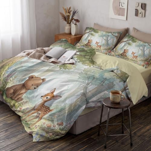 Sage Green Watercolor Animal Forest Duvet Cover Set for Women Girls