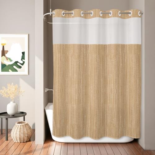 Minimalist Light Brown No Hook Shower Curtain,Bath Curtain for