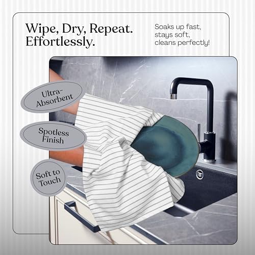 Ash Grey Striped Dish Towels 12 Pack, Ultra Absorbent, Classic Stripe