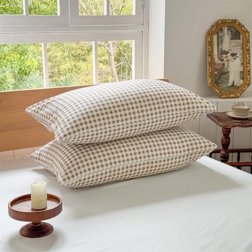 NSNLGSGC Tan Gingham Plaid Pillow Shams, 20"x30", Set of 2