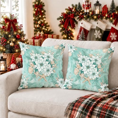 Coastal Poinsettia Winter Floral Throw Pillow Covers 22x22 Set of 2